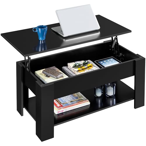 Yaheetech Mesa Centro Elevable y Extensible Mesa de Café con Revistero Mesa Elevable de Madera Lacada para Salon Mueble Salon Comedor de Estilo Moderno Negro 98x50x(42-55) cm