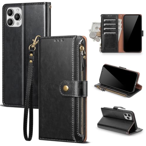 Scutumate Compatible with iPhone 14 Pro Wallet Case with Card Holder RFID Blocking Zipper Poket PU Leather Flip Phone Case with Wrist Strap Credit Card Slots Men Women,for Apple 14 Pro 6.1",Black by Scutumate - Used condition - US$11.14