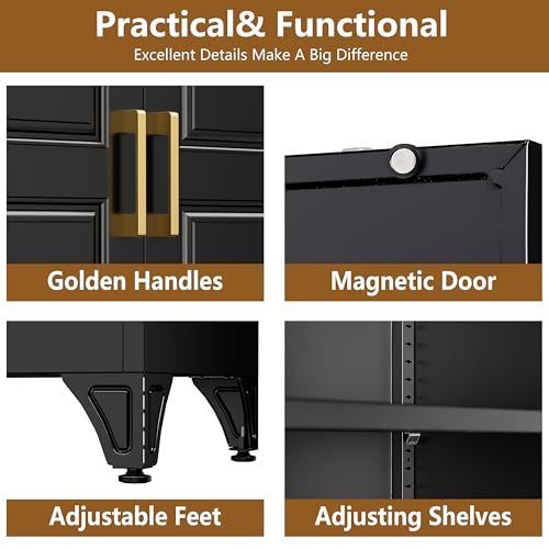 Image of Polup Kitchen Pantry Cabinet, 75 inch Tall Pantry Cabinet with Three Drawers, Metal Storage Cabinets with Doors and Shelves, Freestanding Food Cupboard for Dining, Living Room, Black, Assembly Required