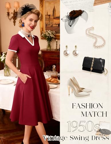 Image of Dressystar Women's 1950s Vintage Swing Dress Short Sleeve V Neck A Line Retro Rockabilly Cocktail Party Dresses With Pockets