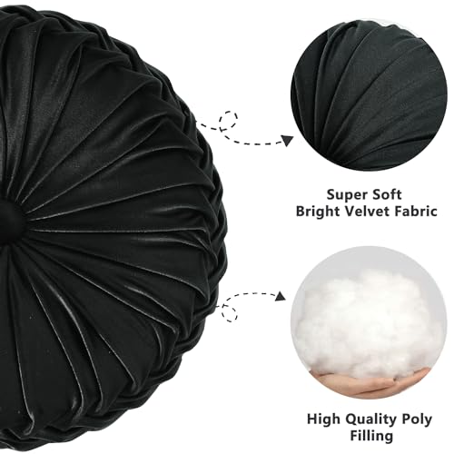 Image of HIG Set of 2 Decorative Round Pleated Throw Pillows, Classy Accent Pumpkin Throw Pillows with Center Button, Vintage Velvet Floor Pillows for Sofa Vanity Chair Bed, Black, 14.5 inch Diameter(Ripple)