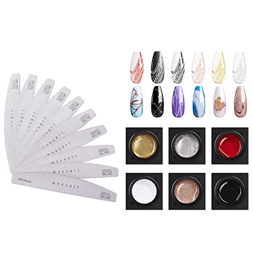 Makartt 100 180 Grit Zebra Nail Files And 6 Colors Nail Art Spider Gel Bundle,10 Pcs Nail Files For Acrylic Nails Poly Nail Gel Emery Boards,5Mlx6 Elastic Nail Art Paint Drawing Spider Gel #TOP21
