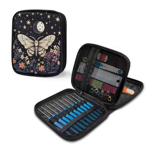Image of Butterfly Crochet Hook Case Portable Floral Knitting Needle Case with Web Pockets Crochet Storage Organizer for Travel Women Gifts