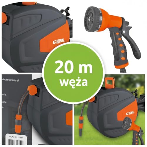 COIL Wąż ogrodowy spiralny, automatyczny zwijacz węża, montaż ścienny, inteligentne zatrzymanie, 9 funkcji spryskiwania, w tym pistolet natryskowy, wąż doprowadzający 2 m