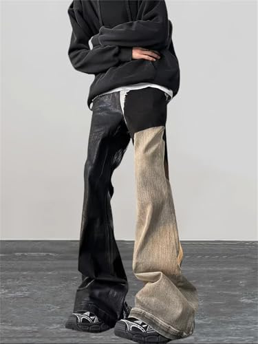 Men Coating Waxing Patchwork Old Baggy Flare Jeans Vintage Long Trousers Pantalones4