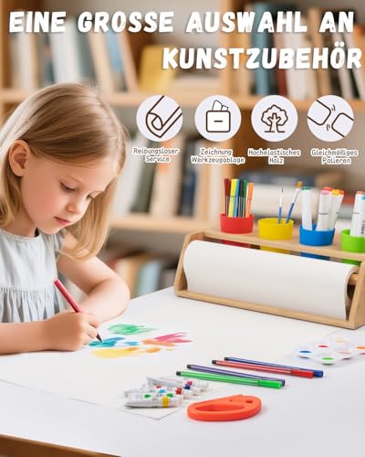 Tisch Malpapier Kinder Maltischdecke mit Holzhalter – Rutschfestes Kreativ-Set mit Farben, Pinseln & Papierrolle Malen Kinder – 35-teilig – Fördert Selbstständigkeit in Schule & Zuhause