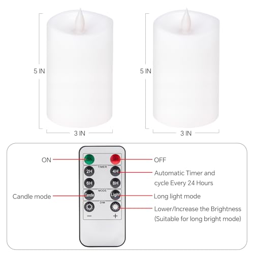 Image of 2PCS, 3 x 5 inches Flameless Candle with Remote Control, 3D Flickering Wick, Real Wax Pillar LED Candles, Battery Operated Candles,with Timer,for Holiday Home Decor,White