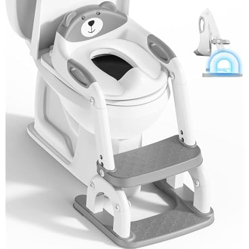 Potty Toilet Training Seat, Upgrade Toddler Toilet Seat for Boys and Girls, 2-in-1 Potty Training Toilet with Step Stool Ladder Soft Cushioned Seat Splash Guard (Dark Grey)