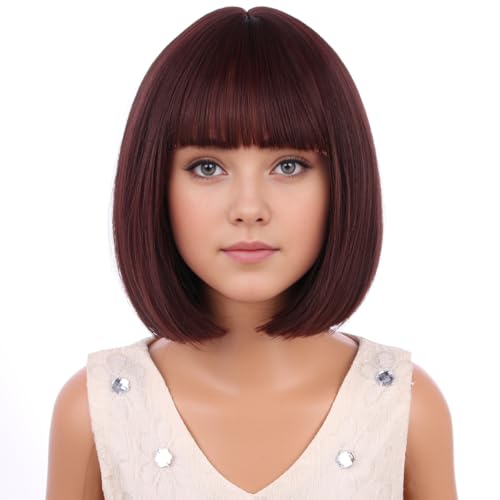 Image of PATTNIUM Kids Brown Wig with Bangs Child Short Brown Bob Wig for Girls Cosplay Party Synthetic Rose Net Daily Wear