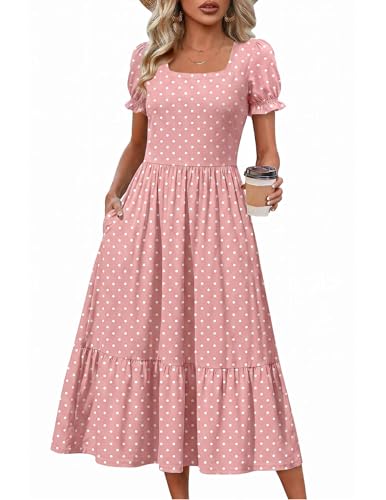 Zeagoo Summer Casual Dress for Womens Puff Sleeve T Shirts Flowy Aline Dresses with Pockets Floral Sundresses Square Neck Midi Dress M Pink Dot