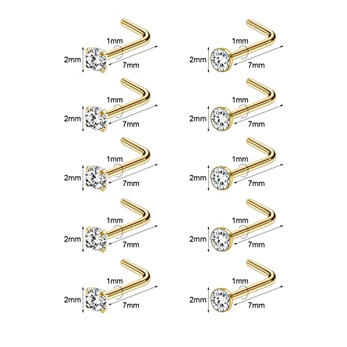 6-10Pcs 18G 20G Nose Ring Surgical Steel Nose Rings Studs Piercing For Women Men 1.5mm 2mm 2.5mm 3mm Round Diamond CZ L Shaped Corkscrew Gold Black Silver Nose Piercing Hypoallergenic2
