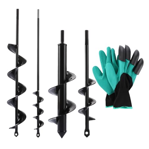 APACALI 4 Pièces Mèche Jardin Tariere pour Perceuse, Foreuse Jardin en Spirale avec Gants Jardinage, Outil de Plantation Pratique pour Faire Rapidement Trou...