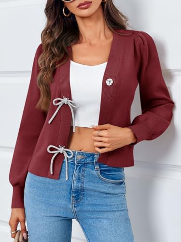 Image of Saodimallsu Womens Bow Button Front Cardigan Sweaters V Neck Cropped Knit Sweater