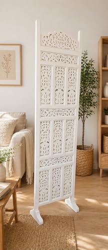 Image of Home & Goods International Wooden Room Divider Partition - Wood Screen Separator for Living Room, Bedroom, Office, Restaurant || Kangra Badrun Design, White (Single Panel)