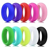 Longbeauty 10 Pack Candy Color Wedding Band for Men Women Flexible Comfort Sport Silicone Ring Black Red Blue Yellow Pink White Green Purple