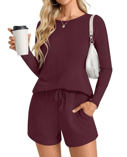Image of Anydoll Womens Pajama Sets Waffle Knit Lounge Sets Long Sleeve Top and Shorts 2 Piece Loungewear with Pockets