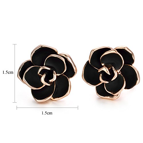 Yoursfs Black Clip On Earrings For Women 18K Gold Plated Rose Flower Earring Enamel Hypoallergenic Non Pierced #TOP1