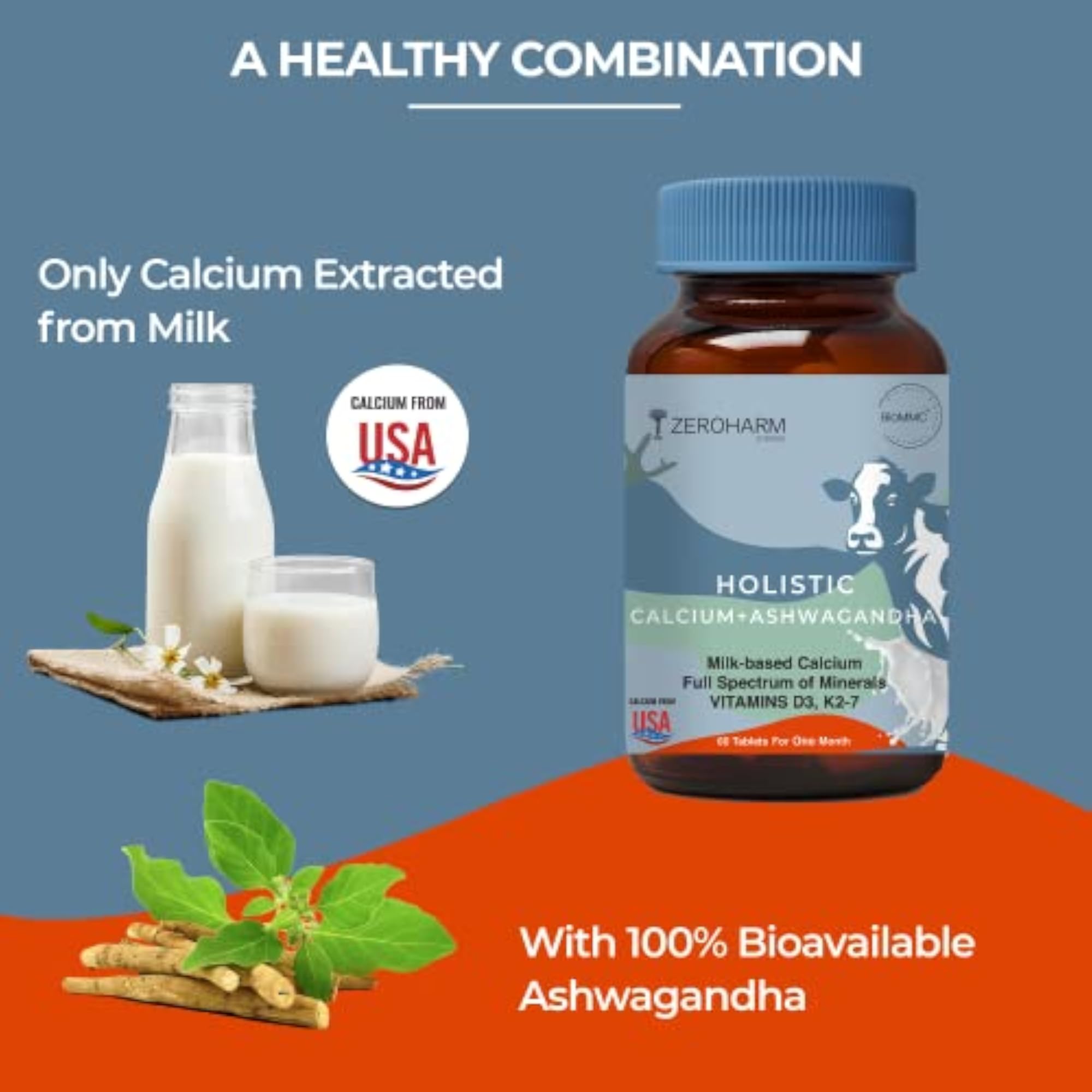 ZEROHARM Holistic Calcium and Ashwagandha Tablets, 120 Tablets