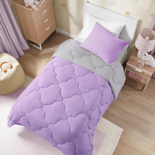 Image of Comfort Spaces Vixie Reversible Comforter Set - Trendy Casual Geometric Quilted Cover, All Season Down Alternative Cozy Bedding, Matching Sham, Lavendar /Gray, Twin /Twin XL 2 piece