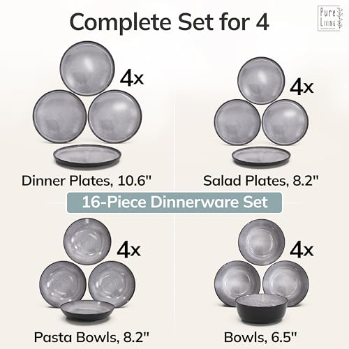 Image of 16 Piece Stoneware Dinnerware Set for 4 - Handmade Reactive Glaze Plates and Bowls Set - Chip & Scratch Resistant Dish Set - Dishwasher Microwave Safe - Dark Gray
