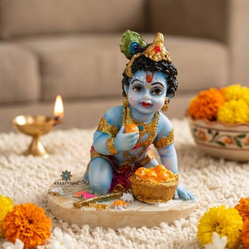 Image of Baby Krishna Idol for Home Temple & Pooja Room | Laddu Gopal Murti, Bal Gopal Makhan Chor Statue, Marble Dust Krishna Showpiece for Mandir Decor, Janmashtami Gift, Car Dashboard Decoration (4 Inch)