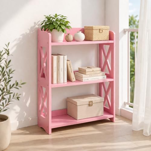 Image of Pink Bookcase by Natural Wood, 3 Tier Bookshelf, Small Book Shelves Freestanding Display Storage Shelves. Open Bookshelf for Bedroom, Living Room and Office (Pink, 3 Tier)