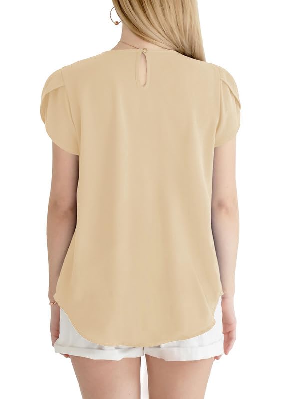 Dokotoo Women's Casual Round Neck Basic Pleated Tops Short Sleeve Loose Fit Curved Keyhole Back Chiffon Blouses Tshirts