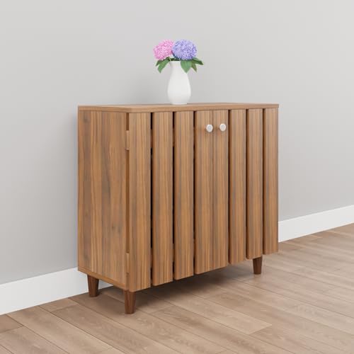 Image of VIKI | Shoe Rack with Window Pattern Ventilated Doors, Shoe Storage,Shoe Cabinet for Hallway, Organizer Unit for Entryway, Width 73cms, Brussel Walnut Colour | 1 Year Warranty