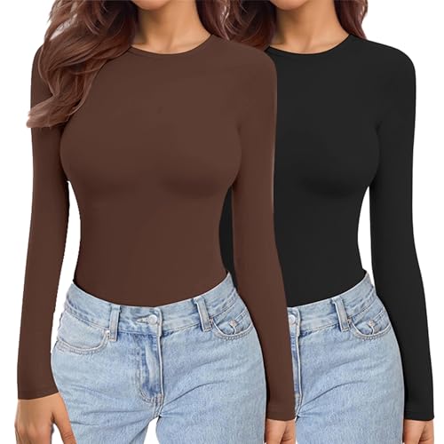 Ekouaer Damen 2 Pack Langarmshirts Rundhals Unterhemd Layer Tee Warm Thermo Oberteil Slim Fit Basic Tops, Schwarz + Braun S Ekouaer Damen 2 Pack Langarmshirts Rundhals Unterhemd Layer Tee Warm Thermo Oberteil Slim Fit Basic Tops, Schwarz + Braun S