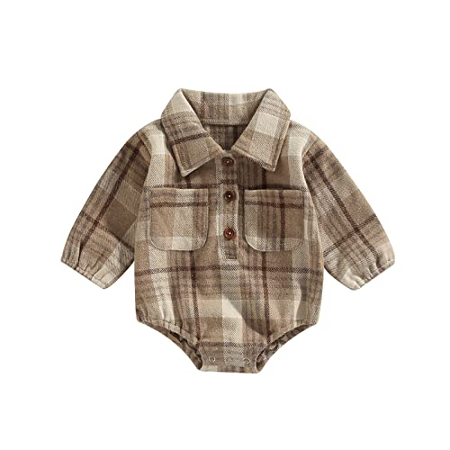 Baby Boy Plaid Shirt Romper Flannel Long Sleeve Oversized Tops Infant Button Down Fall Clothes (Coffee,0-6 Months) #TOP6