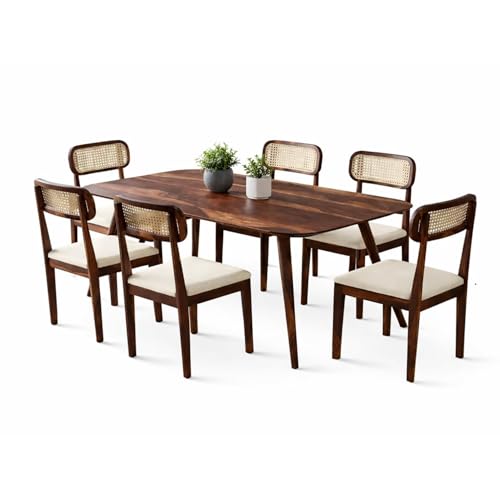 Image of WOODLAB Solid Sheesham Wood 6 Seater Dining Table Set | Wooden Six Seater Dining Table with Cushioned Cane Back Chairs Furniture for Living Room, Home, Hotel & Restaurants (Natural Finish)