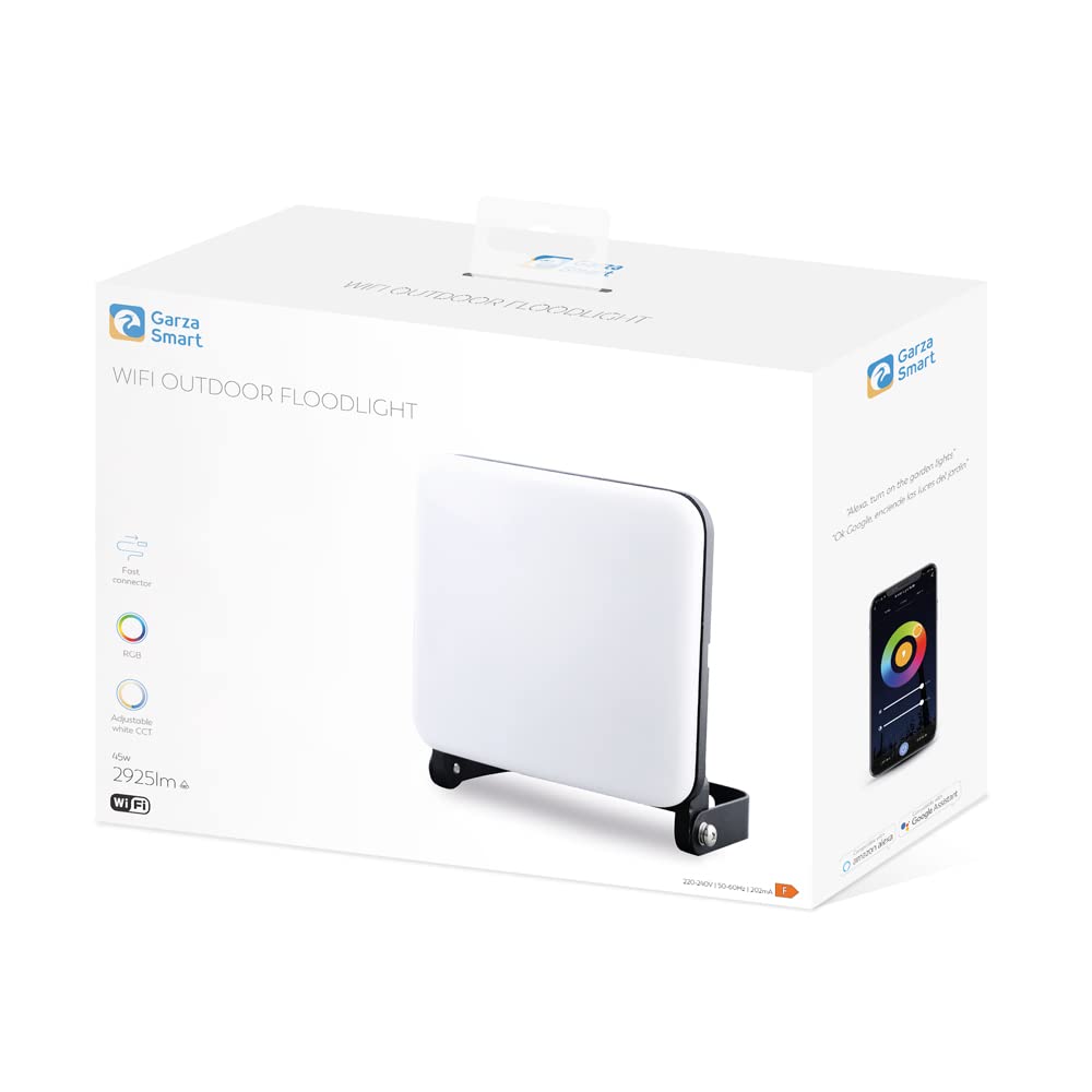 Garza Smart - Foco LED Inteligente de 45 W para exterior, Wifi 2.4 Ghz, programable, intensidad, temperatura CCT y color RGB regulables, modo Música, IP65, control por app y voz Alexa/Google, blanco