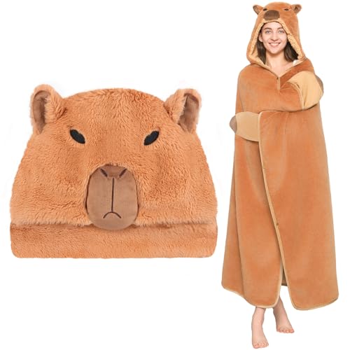 Capybara - Manta con capucha para mujeres y niños, felpa suave y gruesa de alta calidad y forro polar sherpa para ultra calidez, manta con capucha gigante, fácil movimiento, para mamá, de gran tamaño