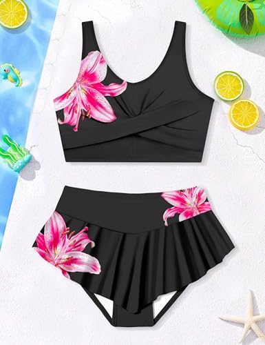 Image of Qaoerde Girls Swimsuit Tropical Print Bikini Set with Ruffle Hem Two Piece Criss Cross Bathing Suits for Girls 7-16 Years