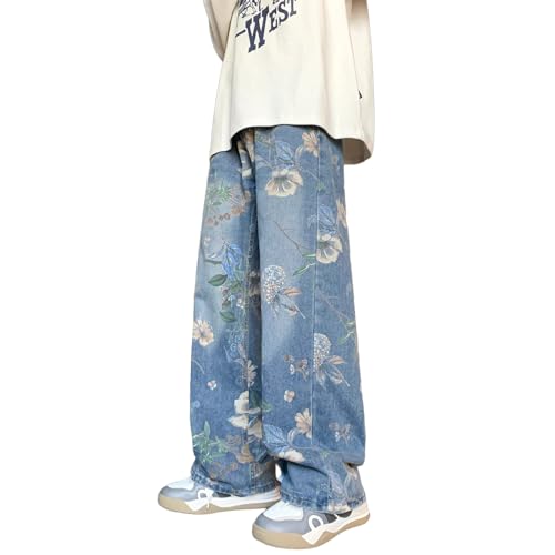 Baggy Jeans Men Vintage Y2k Floral Jeans Flower Print Casual Oversize Streetwear Wide Leg Denim Pants Loose Fit