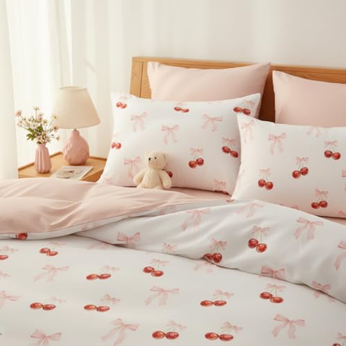Image of Nayoroom Pink Bow Duvet Cover Full Size Reversible Red Cherry Duvet Cover 3 Pieces Soft Lightweight Microfiber Kids Girls Cute Aesthetic Dorm Bedding Set