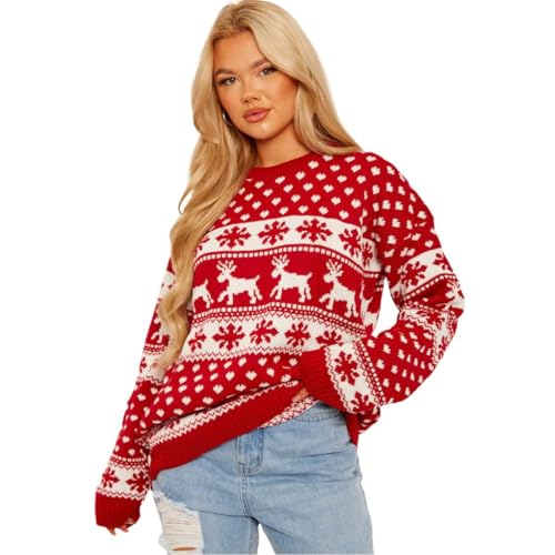 janisramone Womens Ladies New Unisex Christmas Reindeer Snowflake Novelty Knitted Unisex Xmas Jumper Sweater Top Red 12-14 UK