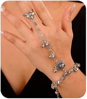 Wiwpar Vintage Indian Style Silver Bells Flower Tassel Finger Ring Bangle Bracelets Slave Hand Chain Harness Bracelet Party Weeding Jewelry Gift for Women (silver)