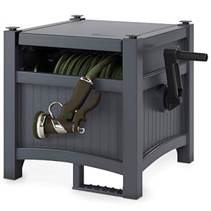 Suncast Garden Hose Hideaway Storage Reel Box, Cyberspace Grey – Resin Outdoor Container, Holds up to 100 Feet of 5/8 Inch Standard Vinyl Water Line – No Assembly Required