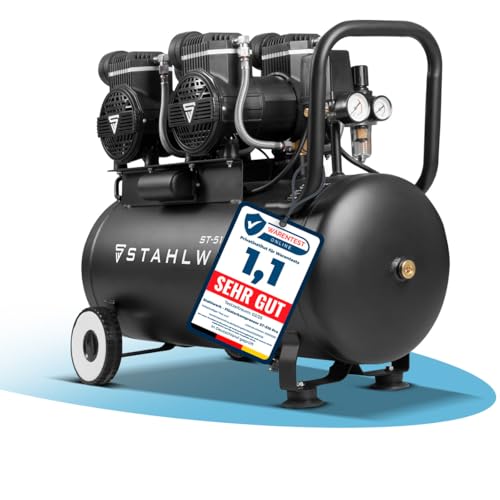 STAHLWERK ST-510 Pro Compressor met 10 bar, 4,3 pk, 3,2 kW, 420 l/min, 50 l tank, olievrije persluchtcompressor, zuigercompressor, stille compressor, fluistercompressor met borstelloze motoren