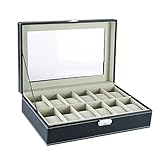 12 Slot Black Wooden Faux Leather Watch Jewelry Storage Box for Home Organization
