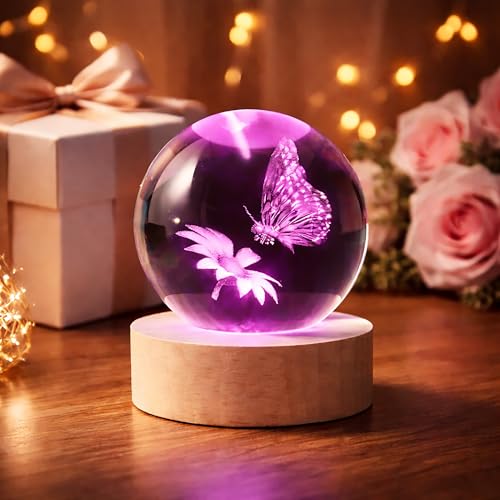 Image of 3D Butterfly Crystal Ball Night Light, 2.36 Inch K9 Crystal Lamp with Wooden Base, 7 Colors LED Mood Light with Remote Control, USB Powered 3D Laser Engraved Butterfly Lamp for Bedroom, Living Room &