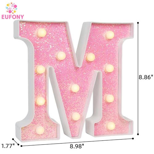 Image of Pink Glitter Marquee Light Up Letters, Battery Operated LED Letter Lights Signs for Pink Birthday Party Table Decorations, Wall Decor for Girls Bedroom, Initial Letter M with Warm White Lights