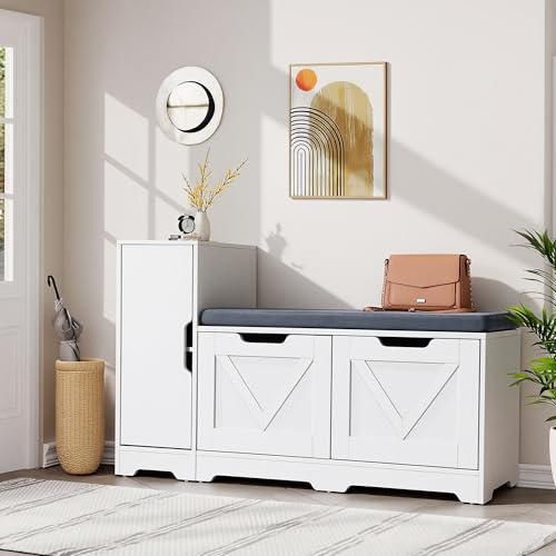 YITAHOME Banco Zapatero de Entrada, Zapatero Entrada Recibidor con Asiento Acolchado y Cojín, Banco Almacenaje con Puerta Doble y Armarios Laterales, Banco Recibidor, 105 x 37 x 65,5 cm, Blanco