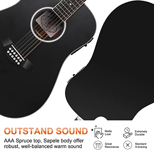 Image of Vangoa LEFT HANDED 12 String Guitar Acoustic electric Cutaway 42 Inch Full Size Dreadnought Spruce Top Sapele Body for Beginners Teens Adults, Black, Matte