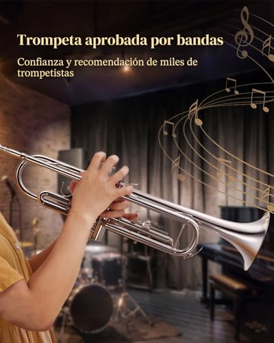 Miniatura 6 de Juego De Trompeta Eastar Standard En Sib Para Principiantes, Instrumento De Viento Metal Para Estudiantes, Con Estuche Rígido, Kit De Limpieza, Boquilla 7c Y Guantes, Etr-380n, Plateado