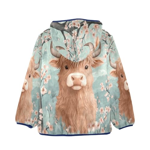 Highland Cow Cherry Blossom Toddler Fleece Jacket Girl Boys Hooded Fleece Jacket Coat Warm Outwear Zip-up 3-10T2