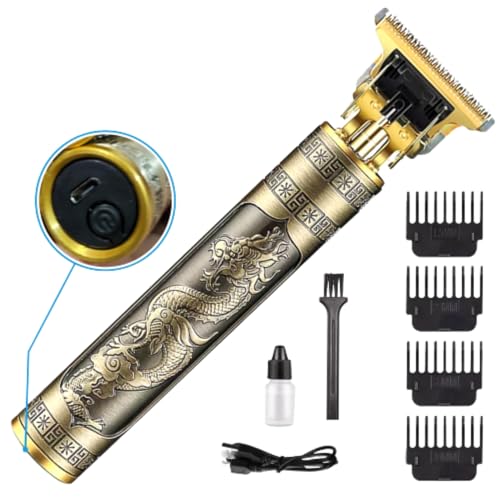 Image of Trimmer Vintage T9 | Professional Hair Trimmer, Gold Vintage Design, USB Rechargeable, 150mm Length, 4 Guide Combs, Low Noise 58db, Ultra-long Standby