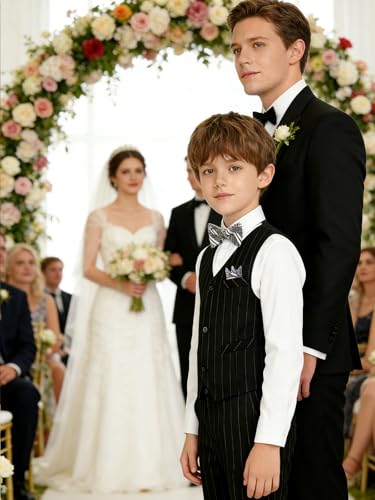 Image of Boy Suits Stripe Tuxedo Suit Set Complete Outfit Formal Wedding Party Wear Ring Bearer Outfit