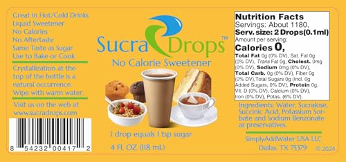 Image of SucraDrops 4 oz Bottle of Premium Liquid Sucralose Sweetener, 1,180 Servings x 2 drops per serving size, totaling 2,360 drops